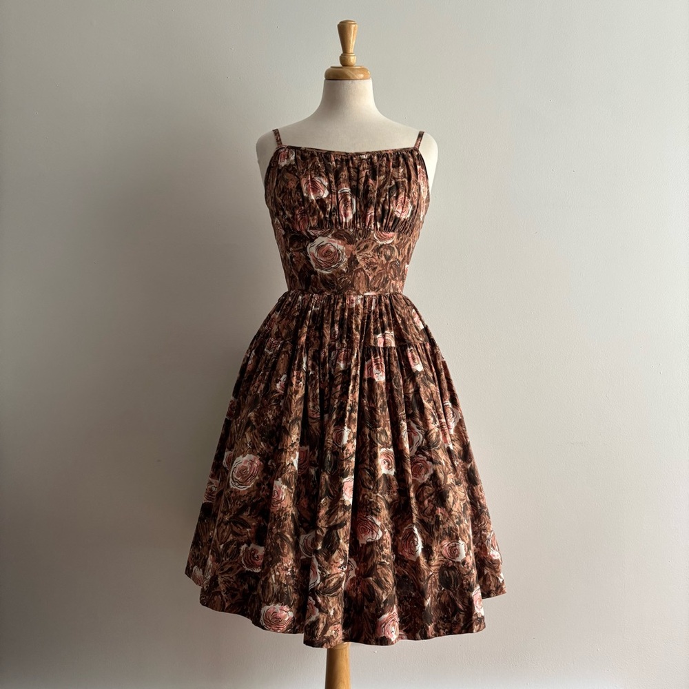 Vintage 1950s NELLY DON Brown with Pink Rose Print Dress / 25" waist